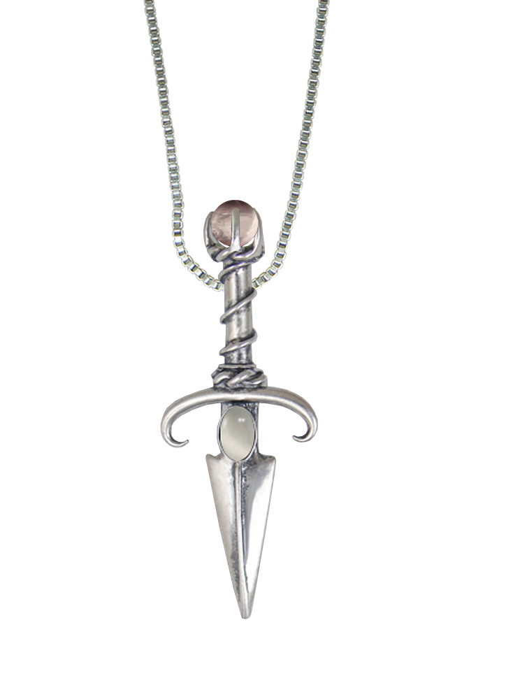 Sterling Silver Black Prince's Knife Dagger Pendant With White Moonstone And Rose Quartz